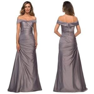 La Femme Pleated Off the Shoulder Ruched Satin Trumpet Gown Platinum Size 14 NWT
